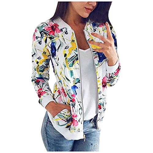 Topgrowth Accessorio Damen Bomberjacke Blumenmuster Langarm Jacket leichte Fliegerjacke Blouson Pilotenjacke Kurzjacke Damenjacke Outwear Kurz Coat Herbst Frühling College Jacke (B-White, XXL) von Topgrowth Accessorio