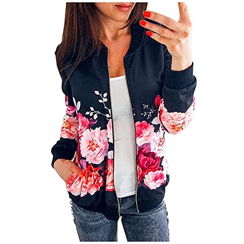 Topgrowth Accessorio Damen Bomberjacke Blumenmuster Langarm Jacket leichte Fliegerjacke Blouson Pilotenjacke Kurzjacke Damenjacke Outwear Kurz Coat Herbst Frühling College Jacke (D-Black, M) von Topgrowth Accessorio