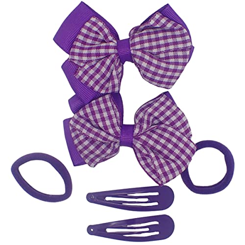 Topkids Accessories 6-teiliges Set Haarspangen, Haarschleifen, Haargummis, Gingham-Schuluniform, Haarschmuck für Mädchen, Haarspangen, Kinder-Haar-Accessoires, Gingham-Muster (Lila) von Topkids Accessories