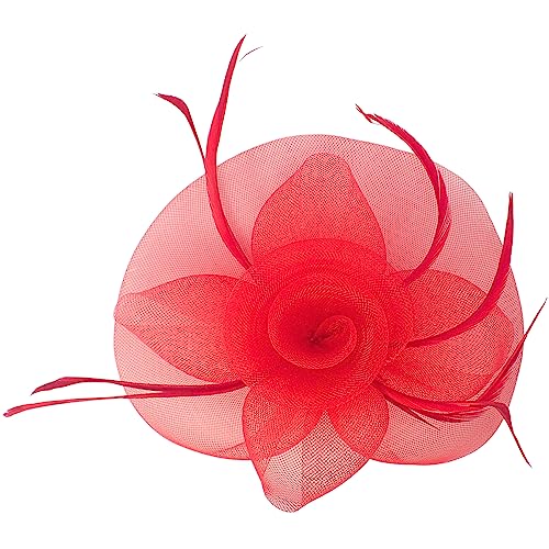 Topkids Accessories Blumen-Haarspange, Fascinator, Haarspangen, Hochzeitsaccessoires, Royal Ascot an Brosche und Schnabelclip, geeignet für Frauen, Damen, Mädchen, Rot von Topkids Accessories