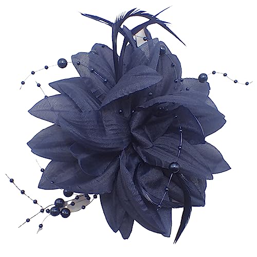 Topkids Accessories Fascinator mit Blumen-Haarspange, Perlen, Hochzeits-Fascinator, Fascinator, Hut an Brosche und Clip für Damen, Mädchen (Marineblau) von Topkids Accessories