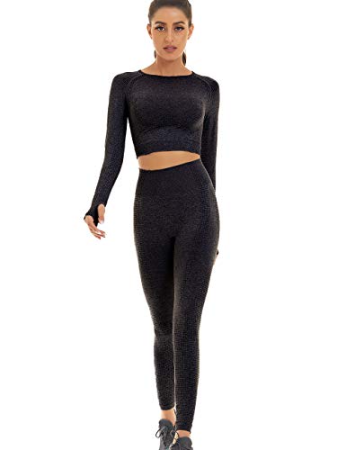 Toplook Nahtloses Workout-Outfit für Damen, athletisches Set, Leggings + langärmeliges Oberteil, 2-teilig, Schwarz, M von Toplook