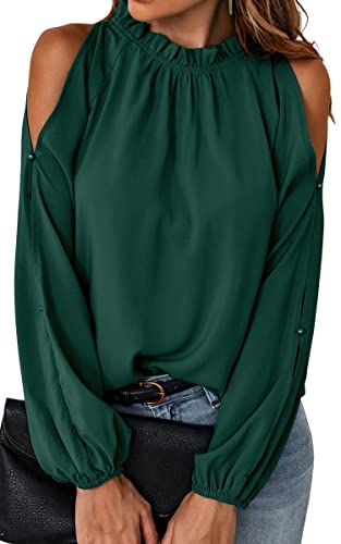 Toplop Bluse Damen Langarmshirt Schulterfrei: Festlich Elegant Oberteil Sexy Tops Herbst Frühling Lässig Kurzarm Tunika Damenbluse mit Carmen Asymmetrischer Ausschnitt/Rüschen Rundhals A-Grün L von Toplop