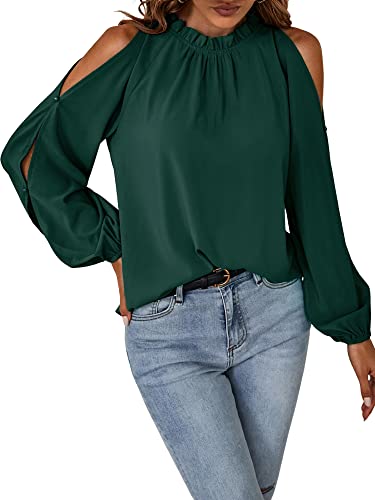 Toplop Bluse Damen Langarmshirt Schulterfrei: Festlich Elegant Oberteil Sexy Tops Herbst Frühling Lässig Kurzarm Tunika Damenbluse mit Carmen Asymmetrischer Ausschnitt/Rüschen Rundhals A-Grün XL von Toplop