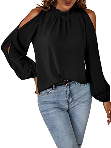 Toplop Bluse Damen Langarmshirt Schulterfrei: Festlich Elegant Oberteil Sexy Tops Herbst Frühling Lässig Kurzarm Tunika Damenbluse mit Carmen Asymmetrischer Ausschnitt/Rüschen Rundhals A-Schwarz S von Toplop