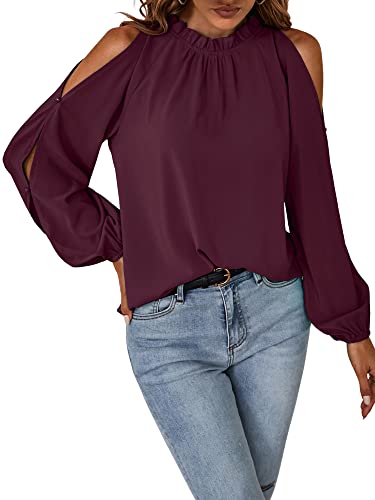 Toplop Bluse Damen Langarmshirt Schulterfrei: Elegant Oberteil Sexy Tops Herbst Frühling Lässig Tunika Damenbluse Blusenshirt mit Carmen Asymmetrischer Ausschnitt/Rüschen Rundhals A-Weinrot L von Toplop