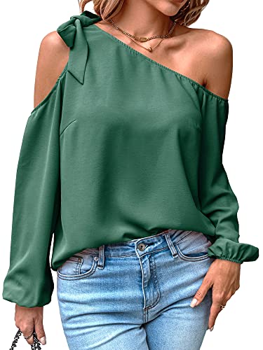 Toplop Bluse Damen Langarmshirt Schulterfrei: Festlich Elegant Oberteil Sexy Tops Herbst Frühling Lässig Kurzarm Tunika Damenbluse mit Carmen Asymmetrischer Ausschnitt/Rüschen Rundhals B-Grün XL von Toplop