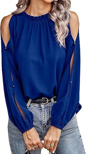 Toplop Bluse Damen Langarmshirt Schulterfrei: Elegant Oberteil Sexy Tops Herbst Frühling Lässig Tunika Damenbluse Blusenshirt mit Carmen Asymmetrischer Ausschnitt/Rüschen Rundhals A-Leuchtend Blau L von Toplop