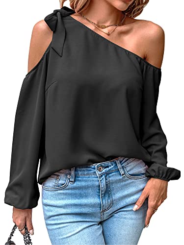 Toplop Bluse Damen Langarmshirt Schulterfrei: Festlich Elegant Oberteil Sexy Tops Herbst Frühling Lässig Kurzarm Tunika Damenbluse mit Carmen Asymmetrischer Ausschnitt/Rüschen Rundhals B-Schwarz L von Toplop