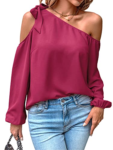 Toplop Bluse Damen Langarmshirt Schulterfrei: Festlich Elegant Oberteil Sexy Tops Herbst Frühling Lässig Kurzarm Tunika Damenbluse mit Carmen Asymmetrischer Ausschnitt/Rüschen Rundhals B-Weinrot S von Toplop