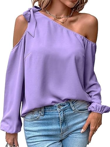 Toplop Bluse Damen Langarmshirt Schulterfrei: Festlich Elegant Oberteil Sexy Tops Herbst Frühling Lässig Kurzarm Tunika Damenbluse mit Carmen Asymmetrischer Ausschnitt/Rüschen Rundhals B-Lila L von Toplop