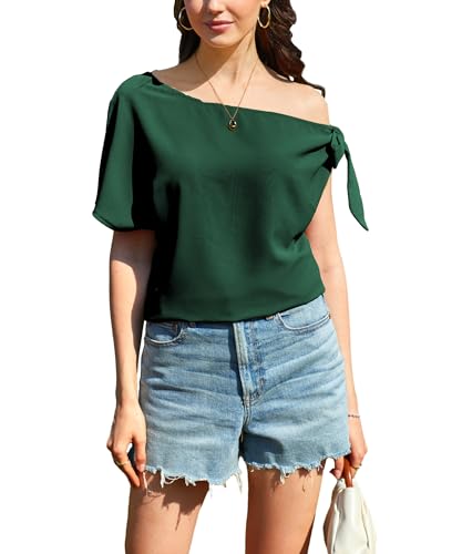 Toplop Bluse Damen Langarmshirt Schulterfrei: Festlich Elegant Oberteil Sexy Tops Herbst Frühling Lässig Kurzarm Tunika Damenbluse mit Carmen Asymmetrischer Ausschnitt/Rüschen Rundhals 80Grün M von Toplop