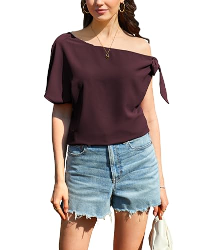 Toplop Bluse Damen Langarmshirt Schulterfrei: Festlich Elegant Oberteil Sexy Tops Herbst Frühling Lässig Kurzarm Tunika Damenbluse mit Carmen Asymmetrischer Ausschnitt/Rüschen Rundhals 80Weinrot M von Toplop