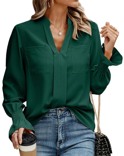 Toplop Bluse Damen Rüschen Laternenärmel: Elegant Langarmshirt Herbst Frühling Sommer Oberteile Lässig Rundhals Plissee Knopf Tops Mode V-Ausschnitt Brusttaschen Leopard Tunika B-Grün M von Toplop