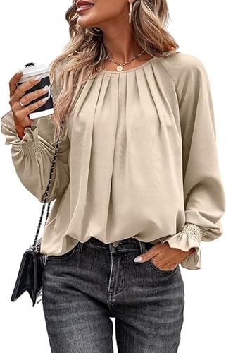 Toplop Bluse Damen Rüschen Laternenärmel: Elegant Langarmshirt Herbst Frühling Sommer Oberteile Lässig Rundhals Plissee Knopf Tops Mode V-Ausschnitt Brusttaschen Leopard Tunika A-Beige L von Toplop