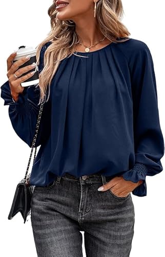 Toplop Bluse Damen Rüschen Laternenärmel: Elegant Langarmshirt Herbst Frühling Sommer Oberteile Lässig Rundhals Plissee Knopf Tops Mode V-Ausschnitt Brusttaschen Leopard Tunika A-Dunkelblau M von Toplop