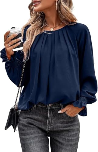 Toplop Bluse Damen Rüschen Laternenärmel: Elegant Langarmshirt Herbst Frühling Sommer Oberteile Lässig Rundhals Plissee Knopf Tops Mode V-Ausschnitt Brusttaschen Leopard Tunika A-Dunkelblau XL von Toplop