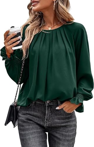 Toplop Bluse Damen Rüschen Laternenärmel: Elegant Langarmshirt Herbst Frühling Sommer Oberteile Lässig Rundhals Plissee Knopf Tops Mode V-Ausschnitt Brusttaschen Leopard Tunika A-Grün XL von Toplop
