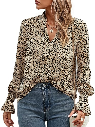 Toplop Bluse Damen Rüschen Laternenärmel: Elegant Langarmshirt Herbst Frühling Sommer Oberteile Lässig Rundhals Plissee Knopf Tops Mode V-Ausschnitt Brusttaschen Leopard Tunika Beige Schwarz XL von Toplop