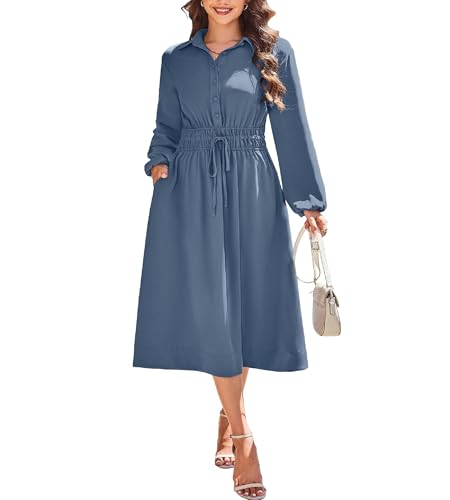 Toplop Blusenkleid Damen Langarm Herbst Winterkleid Knielang 2025 V-Ausschnitt Midikleid Langarm Knopf Casual Kleid mit Taschen Graublau L von Toplop