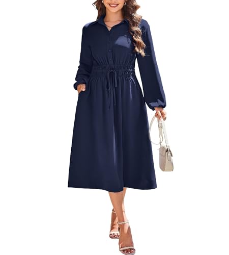 Toplop Blusenkleid Damen Langarm Herbst Winterkleid Knielang 2025 V-Ausschnitt Midikleid Langarm Knopf Casual Kleid mit Taschen Navyblau S von Toplop