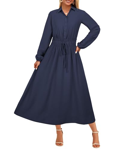 Toplop Blusenkleid Damen Langarm Herbst Winterkleid Knielang 2025 V-Ausschnitt Midikleid Langarm Knopf Casual Kleid mit Taschen Navyblau XL von Toplop