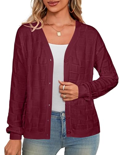 Toplop Bolero Damen Herbst Langarm Cardigan Kurze Jacke mit Muster und Knöpfe Weinrot S von Toplop