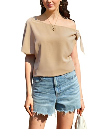 Toplop Bluse Damen Langarmshirt Schulterfrei: Festlich Elegant Oberteil Sexy Tops Herbst Frühling Lässig Kurzarm Tunika Damenbluse mit Carmen Asymmetrischer Ausschnitt/Rüschen Rundhals 80Beige S von Toplop