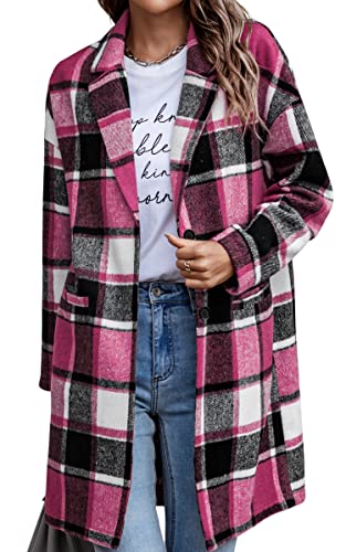 Toplop Hemdjacke Damen Kariert Jacke Lang Übergangsjacke Schick Flanellhemd Lapel Coat Shacket Shirt-Jacket Karomuster Hemdjacke mit Knöpfen und Taschen 131 Rosarot Large von Toplop