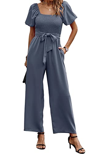 Toplop Jumpsuit Damen Elegant Sommer Hosenanzug mit Quadratischem Ausschnitt und Gürtel Kurzarm Puffärmel Breites Hosenbein 362 Graublau Large von Toplop