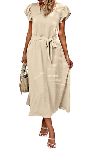 Toplop Kleider Damen Lang Rundhals Sommerkleid Boho Büro Strandkleid Gürtel Wickelkleid Rüschen Kurzarm Swing Maxikleid Business Outfit mit Knopf und Tasche 76Beige XL von Toplop