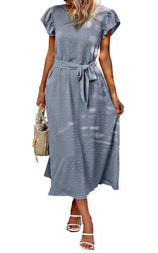 Toplop Kleider Damen Lang Rundhals Sommerkleid Boho Büro Strandkleid Gürtel Wickelkleid Rüschen Kurzarm Swing Maxikleid Business Outfit mit Knopf und Tasche 76Grau Blau L von Toplop