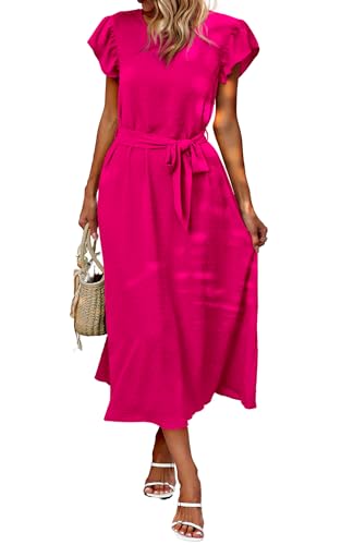 Toplop Kleider Damen Lang Rundhals Sommerkleid Boho Büro Strandkleid Gürtel Wickelkleid Rüschen Kurzarm Swing Maxikleid Business Outfit mit Knopf und Tasche 76Rosenrot L von Toplop