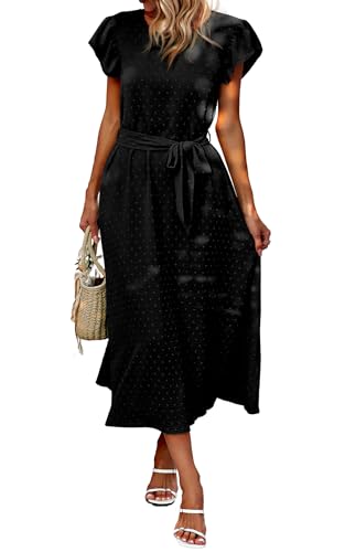 Toplop Kleider Damen Lang Rundhals Sommerkleid Boho Büro Strandkleid Gürtel Wickelkleid Rüschen Kurzarm Swing Maxikleid Business Outfit mit Knopf und Tasche 76Schwarz S von Toplop