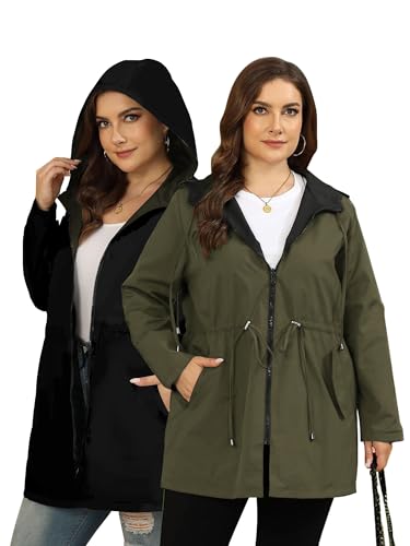 Toplop Regenjacke Damen Große Größen Reversible Regenmantel Damen Leicht Windbreaker Wasserdichte Regenjacken mit Kapuze Sport Outdoorjacke Grün 50 Große Größen von Toplop