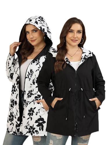 Toplop Regenjacke Damen Große Größen Reversible Regenmantel Damen Leicht Windbreaker Wasserdichte Regenjacken mit Kapuze Sport Outdoorjacke Schwarz 52 Große Größen von Toplop