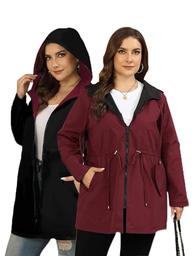 Toplop Regenjacke Damen Große Größen Reversible Regenmantel Damen Leicht Windbreaker Wasserdichte Regenjacken mit Kapuze Sport Outdoorjacke Weinrot 52 Große Größen von Toplop