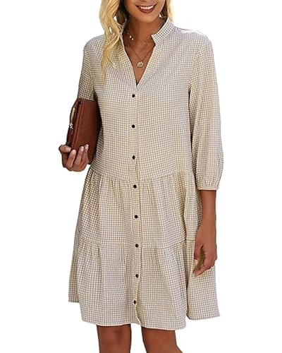 Toplop Sommerkleid Damen Knielang 3/4 Arm: Mode Shirtkleid Elegant Hemdkleid Blusenkleid Frühling Midikleid Casual Damenkleider V-Ausschnitt Kariert Einfarbig Knopfleiste Beige XS von Toplop