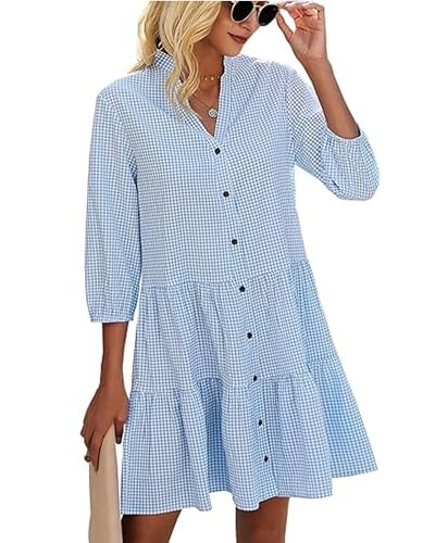 Toplop Sommerkleid Damen Knielang 3/4 Arm: Mode Shirtkleid Elegant Hemdkleid Blusenkleid Frühling Midikleid Casual Damenkleider V-Ausschnitt Kariert Einfarbig Knopfleiste Blau M von Toplop
