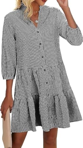 Toplop Sommerkleid Damen Knielang 3/4 Arm: Mode Shirtkleid Elegant Hemdkleid Blusenkleid Frühling Midikleid Casual Damenkleider V-Ausschnitt Kariert Einfarbig Knopfleiste Schwarz Rosa L von Toplop