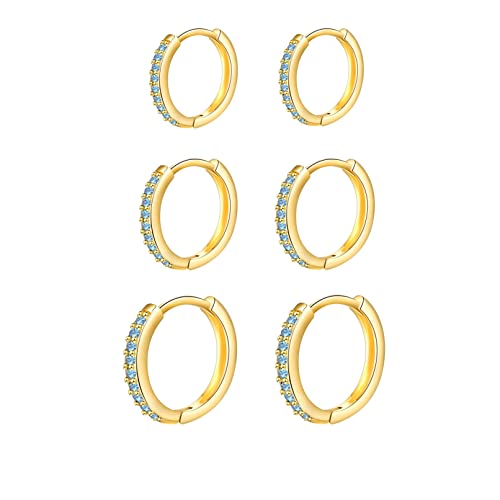 3 Paar Sterling Silber Ohrringe Set Gold für Mädchen, Nickelfrei hypoallergene Creolen mit Blau Zirkonia, Ohrringe Gold Creolen für Damen Braut von Toplstud