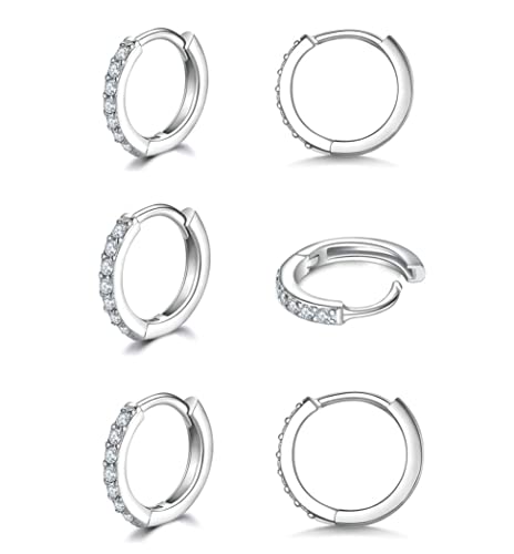 3 Paar Creolen Silber Ohrringe für Damen, klein Ohrringe Set mit Zirkonia, 925 Silber Kreolen Hypoallergen Klein Schlafen Kreolen Silber 10mm*3 von Toplstud