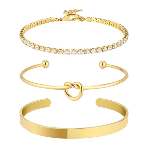 Toplstud 3Pcs Gold Armband Damen, 14K Vergoldet Manschette Armbänder Set, Trendige Armbänder Stack Adjustable Schmuck Set für Frauen von Toplstud