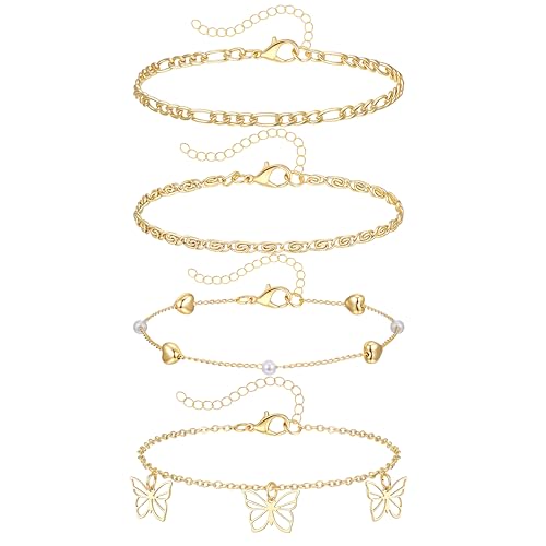 Toplstud 4 PCS 14K Gold Fußkettchen für Damen, Layered Wasserdichte Fusskette Set, Verstellbar Boho Sommer Surfer Fußkettchen für Frauen von Toplstud