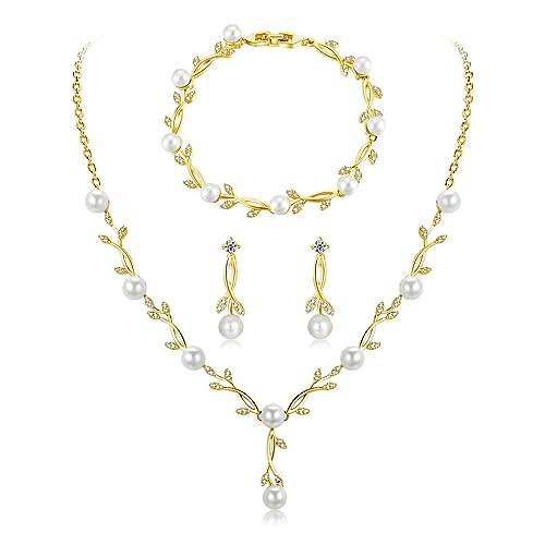 Toplstud Hochzeit Schmuckset Silber 925 Damen, Gold Halskette Armband Ohrringe in Form eines Blattes mit Perlen und Zirkonia, Hochzeitstag Geschenke für Braut Frauen von Toplstud