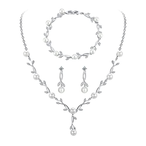 Toplstud Hochzeit 925 Schmuckset Silber Damen, Halskette Armband Ohrringe in Form eines Blattes mit Perlen, Hochzeitstag Geschenke für Braut Frauen von Toplstud