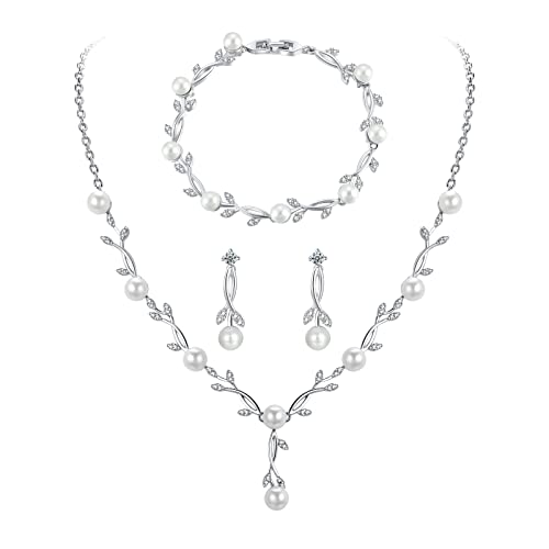 Toplstud Hochzeit 925 Schmuckset Silber Damen, Halskette Armband Ohrringe in Form eines Blattes mit Perlen, Hochzeitstag Geschenke für Braut Frauen von Toplstud