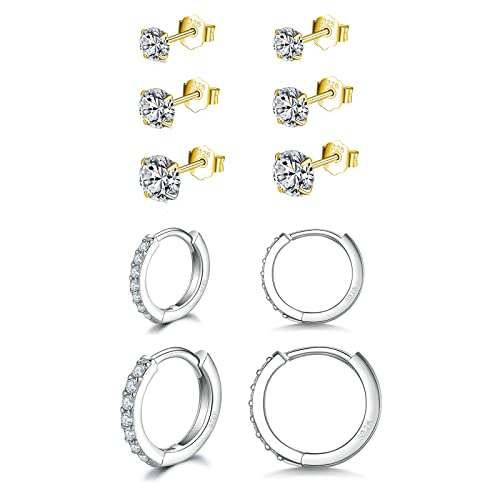 2 Paar Creolen 3 Paar ohrstecker Ohrringe für Damen, klein Ohrringe Set mit Zirkonia, 925 Silber Creolen Hypoallergen Klein Schlafen Kreolen Silber/Gold von Toplstud