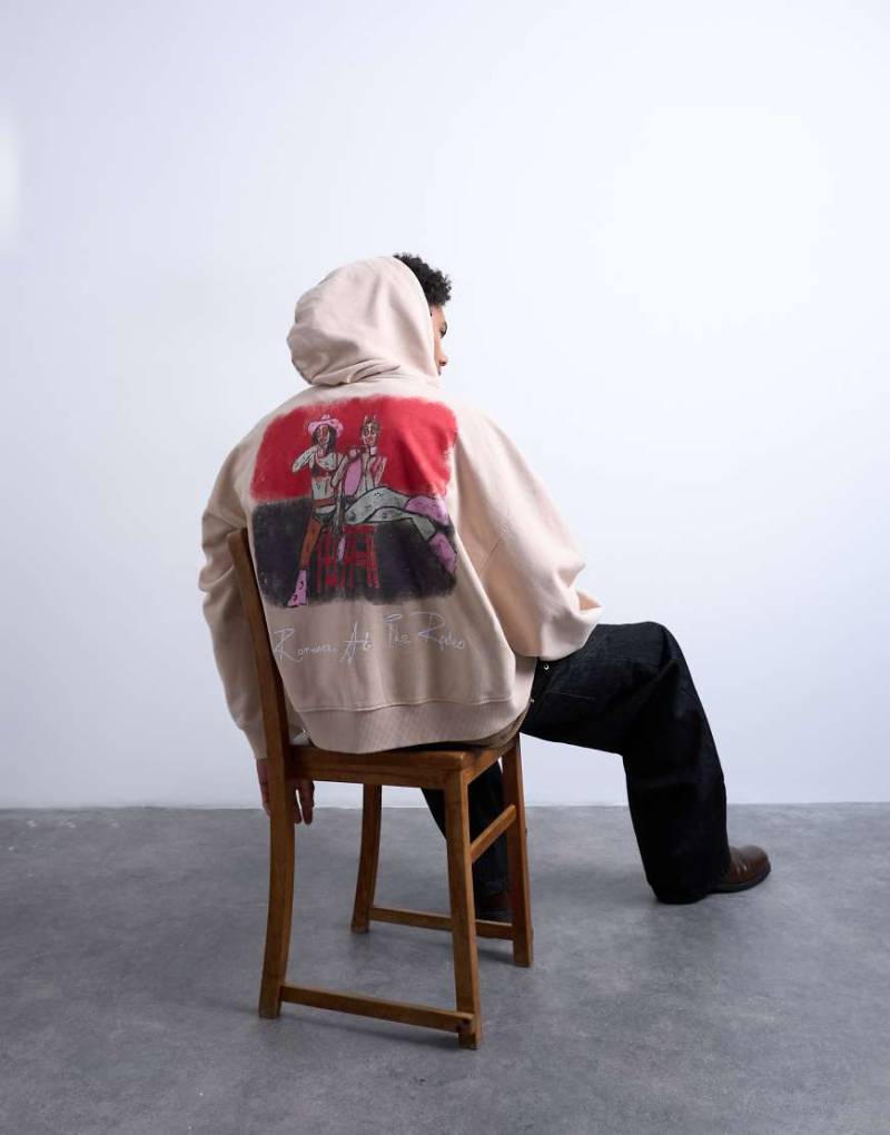 Mason Newman x Topman - Kastiger Kapuzenpullover in verwaschenem Steinbeige mit Hotelbar-Print vorne und am Rücken-Brown von Topman