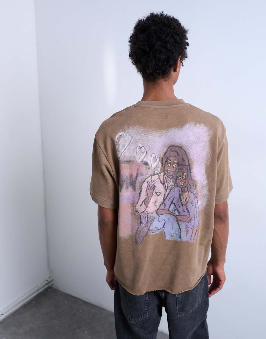 Mason Newman x Topman - Kastiges T-Shirt in verwaschenem Braun mit Herzprint vorne und am Rücken-Brown von Topman